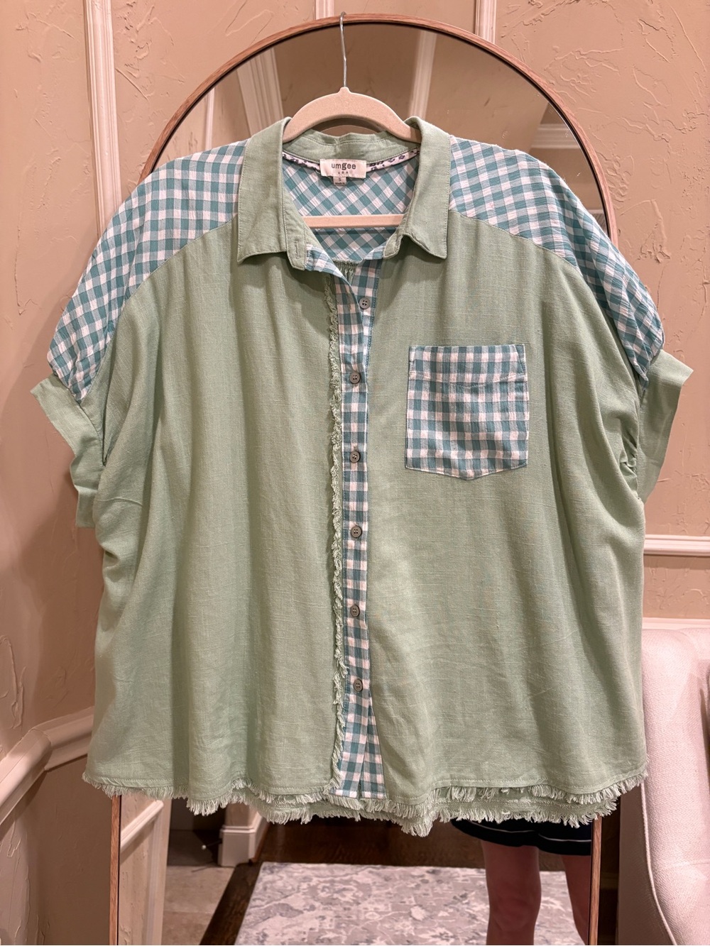 Umgee Light Green Button-Down Shirt with Aqua Gingham Accents